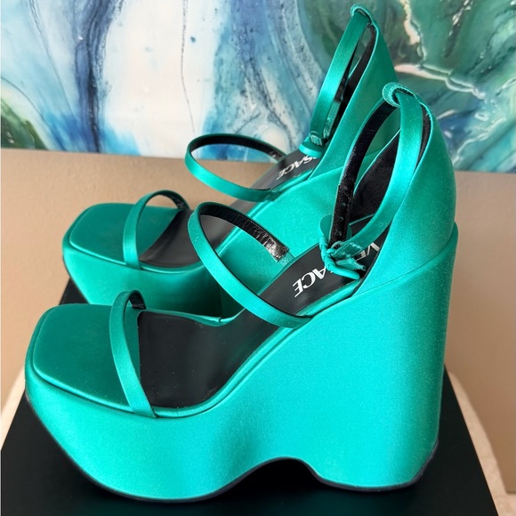 Versace Satin Teal Platform Wedge Sandals